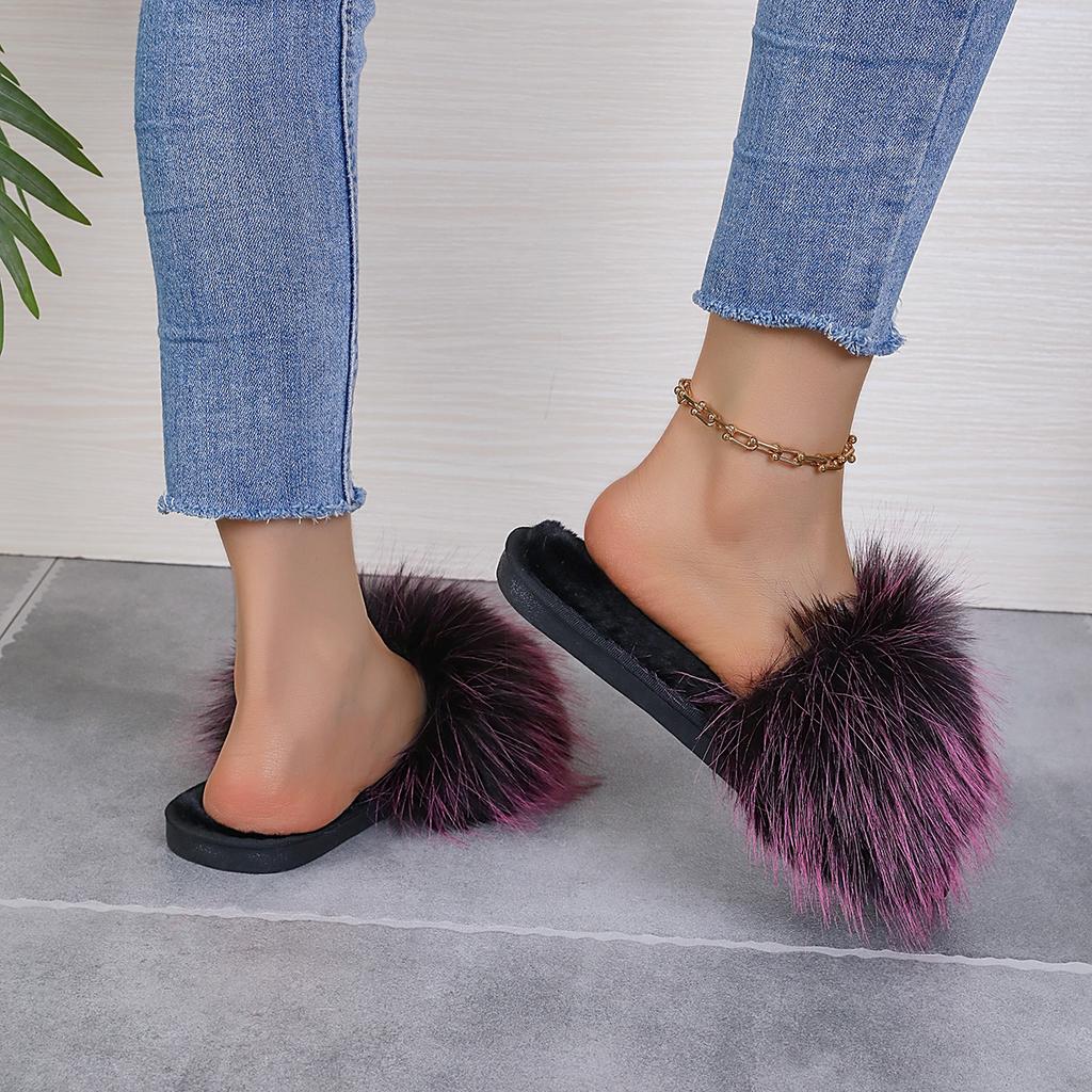 Leisure Slippers for Women Casual Flat Low Heels Sweet Basic Shoes for Women Solid Fur Slip On Winter Slides Plus Size