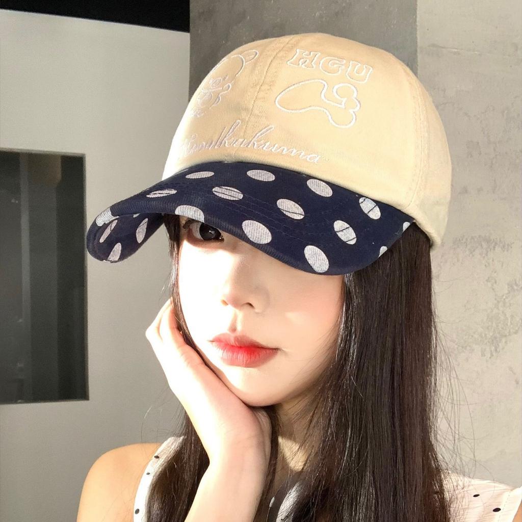 Cute Bear Embroidered Polka Dot Baseball Cap Women's Versatile Big Head Circumference Peaked Cap Wide Brim Big Face Small Hat