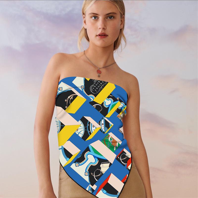 POBING Silk Scarf Women Geometric Triangle Scarves Head Echarpes Silk Foulards Femme Wraps Beach Shawls Bandana Lady Hijabs