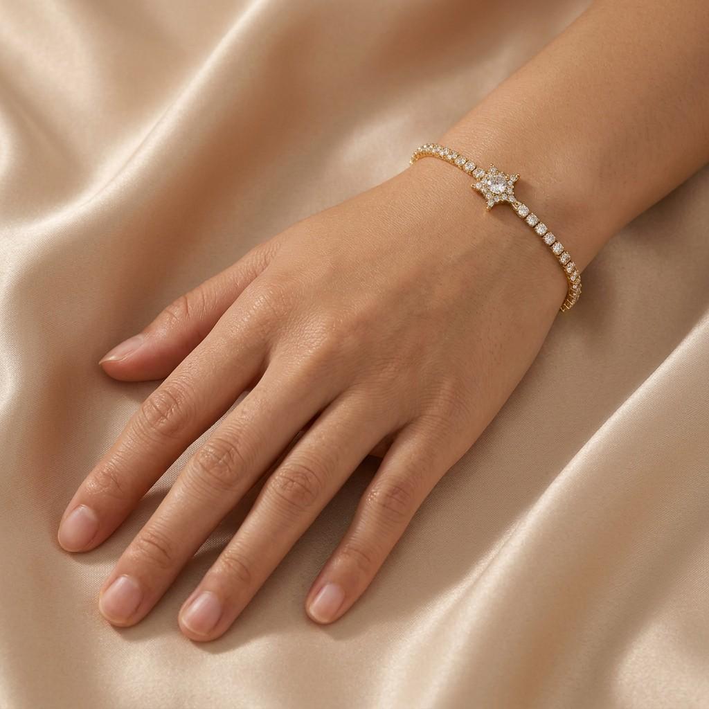 14K Gold Plated Star Charm Tennis Bracelet for Women, Six Point Star with Round Stone Center, Sparkling Cubic Zirconia Jewelry