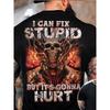 European Sizes I CAN FIX STUPID Graphic T-Shirt - Black Tee with Menacing Skull and Fiery Flames Design, Distressed Bold Text, Perfect for Tattoo