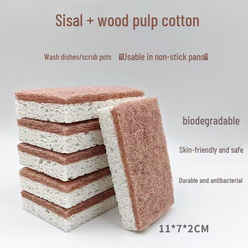 Double-sided Sisal Sponge with Wood Pulp Cotton for Oil-Free Dishwashing and Pot Scrubbing - Kitchen Wiping Cloth