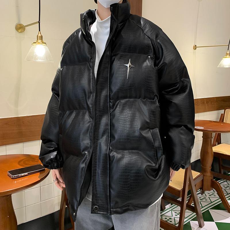 

Men s Winter PU Leather Stand Collar Puffer Jacket 2XL чорний