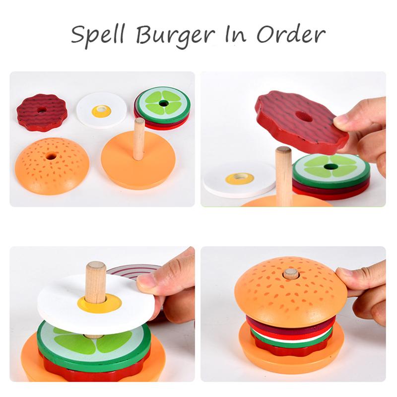 Children Pretend Play Kitchen Toys Hamburger Sandwich Simulation Food Matching Games Montessori Educational Wooden Stacking Toys