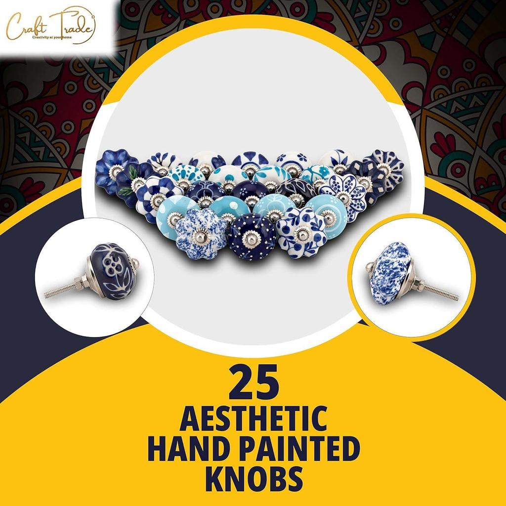 Brass Fitting Ceramic Pull Handle and Door Knobs for Drawers, Kitchen Cabinets, Wardrobes Home Interior Decor - Pack of 25