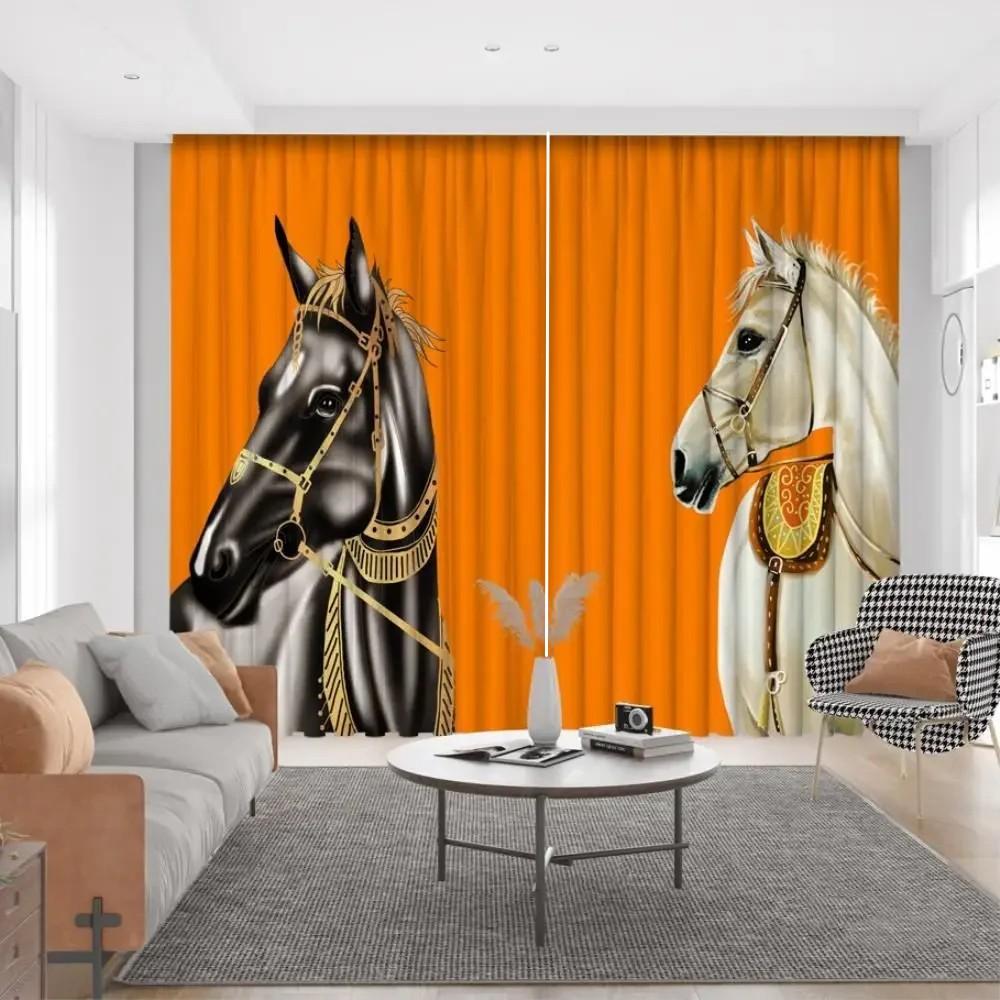 Paardengordijnen Galopperende Kastanjepaarden Merrie en Veulen Weide Scenisch Zomerdag Buitenshuis Woonkamer Slaapkamer Raamgordijnen Bleek W60H60(CM)x2PCS&Grommet Top
