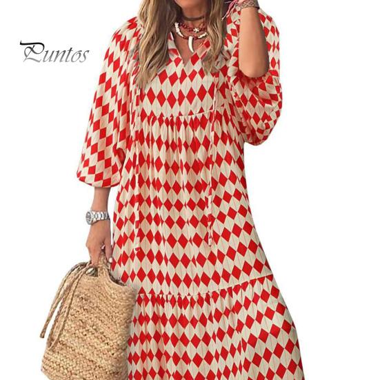 Damen Herbstkleid Puffärmel V-Ausschnitt Bedruckt A-Linie Locker Knöchellang Patchwork Böhmisches Strand Maxikleid Alltagskleidung Langes Kleid