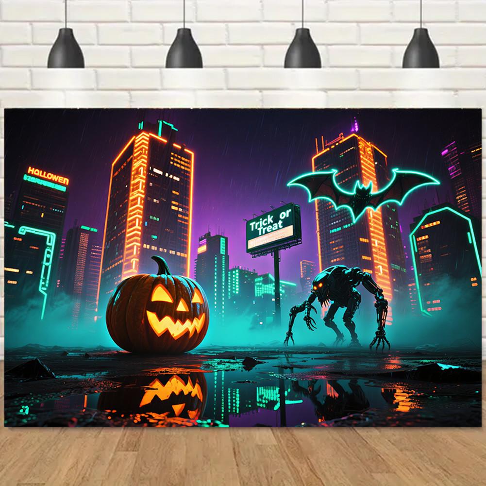 Sci-fi Style-Jack-o'-lantern,Bats,Ghost Design-Halloween Backdrop Banner for Photo Booth,Indoor/Outdoor,Event Party,Holiday