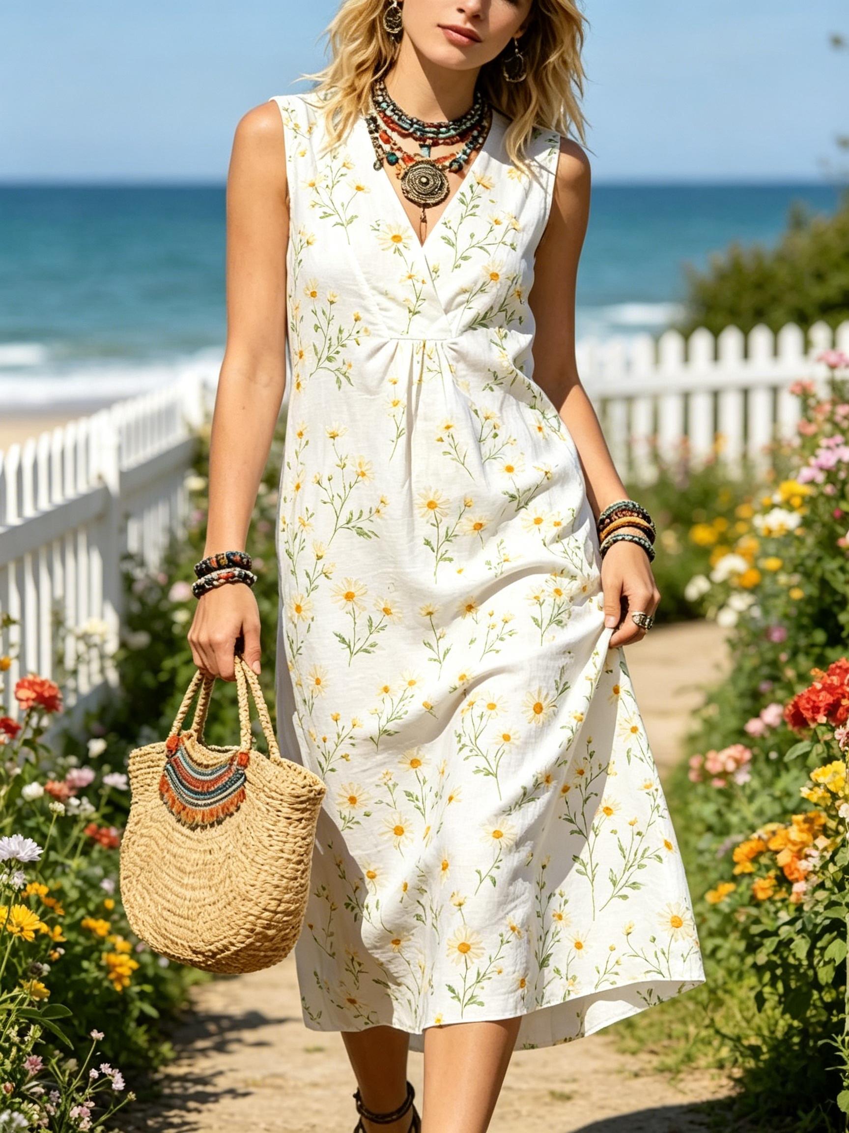White Daisy Floral Print Sleeveless V Neck Midi Dress Women Boho Empire Waist Lightweight Summer Garden Beach Dress XXS