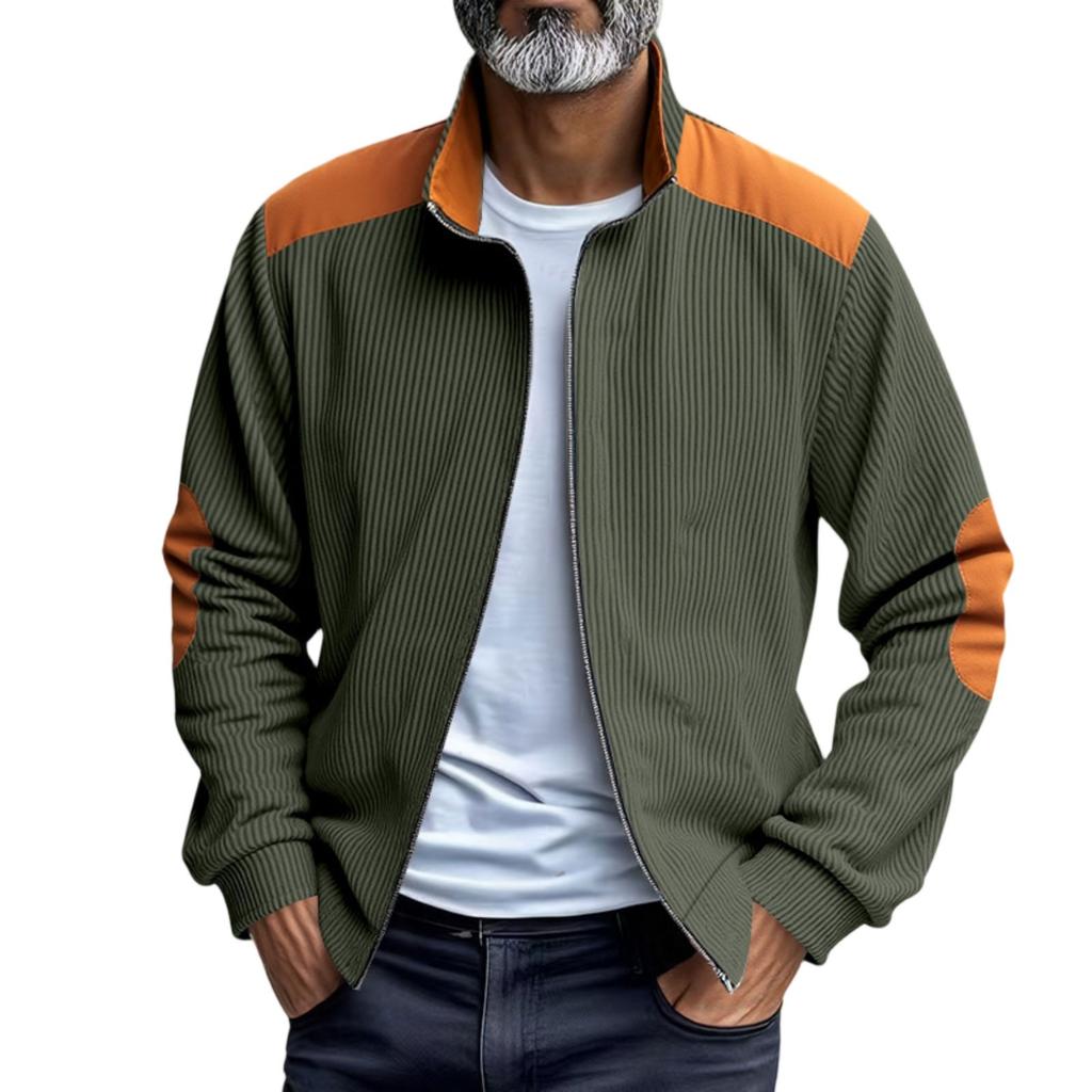 Men's Vintage Corduroy Casual Jacket - Stand Collar Zippered Colorblock Loose-Fit Baseball Jacket