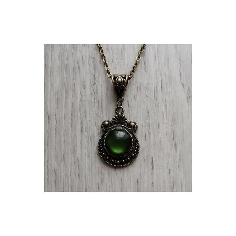 Geometric Gothic Bronze Green Stone Pendant Necklace With Cross Chain For Women