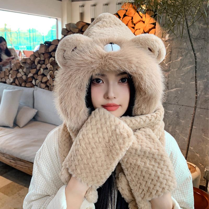 Plush hat, scarf, gloves, integrated hat, female cute fashion ear protection pullover hat, winter warm and cold three-piece set