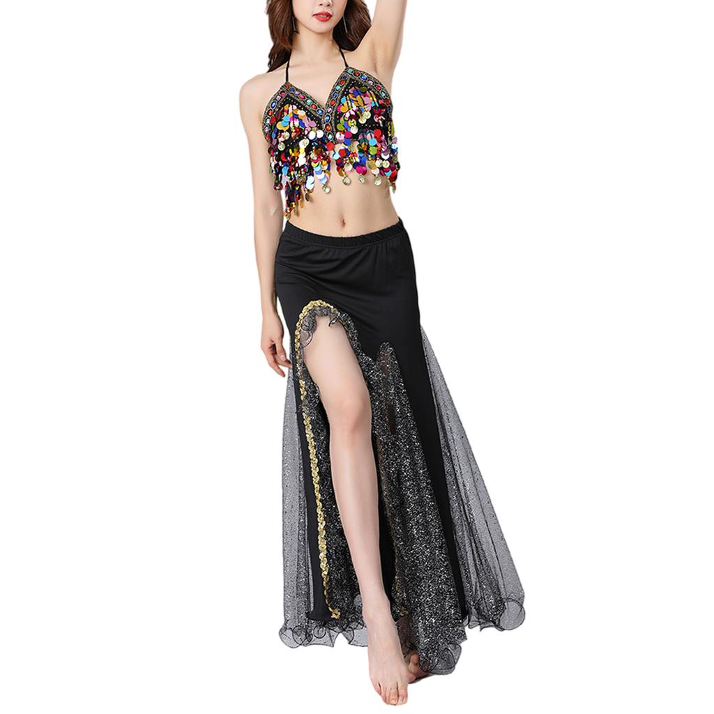 Dynamic Movement Belly Dance Outfit Glittering  Fringe Design Stage Show Ensemble Breathable Mesh Professional Wear