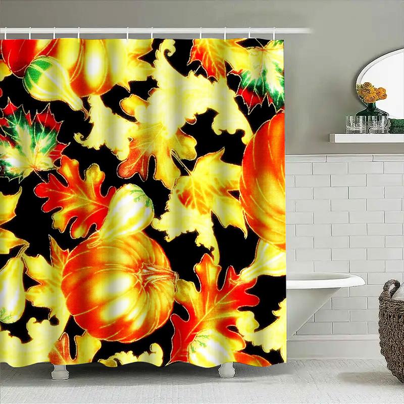 Autumn Leaves Pumpkins Shower Curtain Bath Decor with Eye-Catching Design in Red, Orange, Yellow Green Colors for Bathroom Home