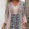 Bohemian Vacation Dress Floral Print Lace Patchwork V Neck Three Quarter Sleeves Loose Knee Length Midi Dress Retro Hollow Out Buttons Women
