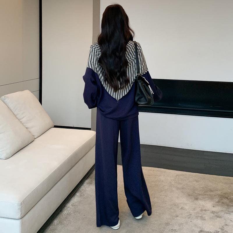 Spring 2026 Korean Maternity Set: T-shirt, Wide-leg Pants & Striped Shawl 2XL