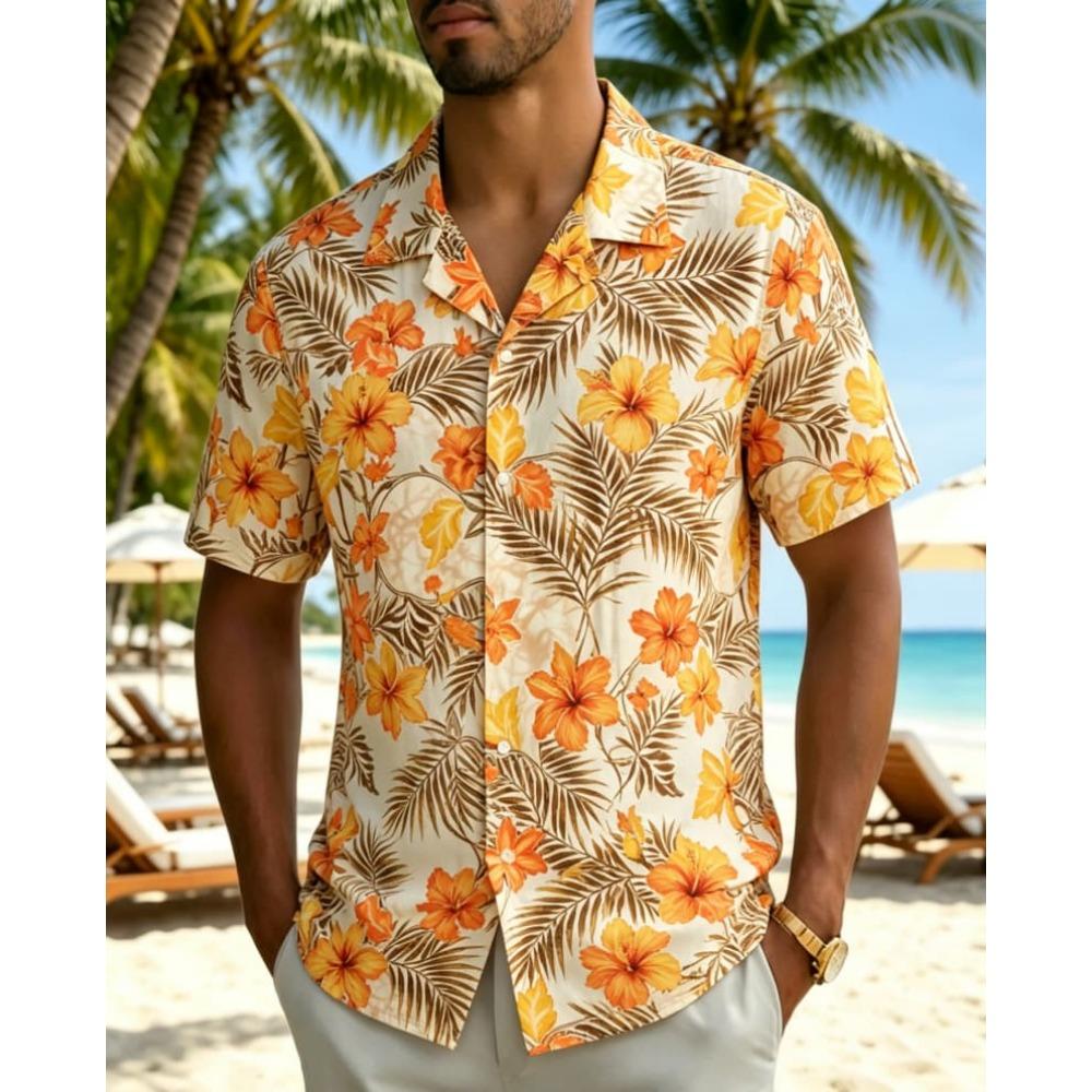 Męska koszula z tropikalnym kwiatowym wzorem, vintage, batik, letnia, casualowa, plażowa