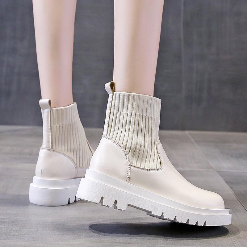 Fashion Spliced Wool Boots Autumn New Round Toe Cover Foot Platform Sole Non-slip Wear-resistant Block Heel Short Thigh Single Boots