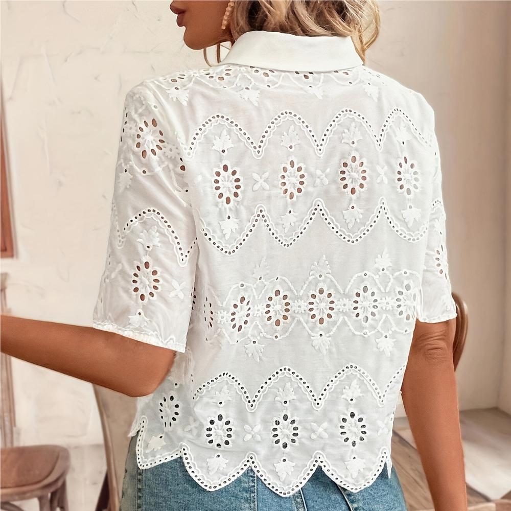 Spring/Summer Women's Solid Color Lace-up Shirt with Hollow-out Short Sleeves Casual Top