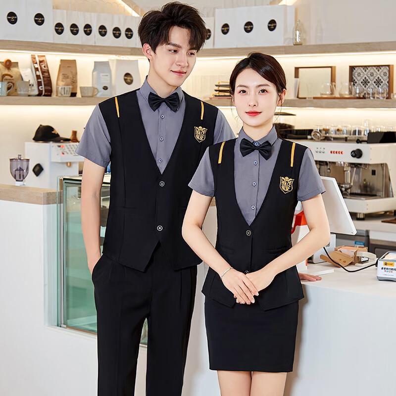 Teluoman Unisex Hotel & Restaurant Staff Summer Faux Two-Piece Uniform 2XL