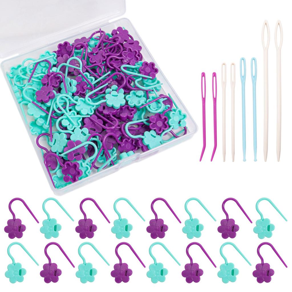100Pcs Flower Shape Locking Stitching Markers Clip with 8 Large Eye Sewing Needle Knitting Marker Sewing Accessories