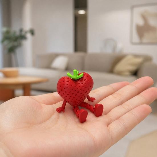 3D Printed Fruit Figure with Movable Joints, Collectible Articulated Red Strawberry Figurine for Home Office Executive Desk Decor
