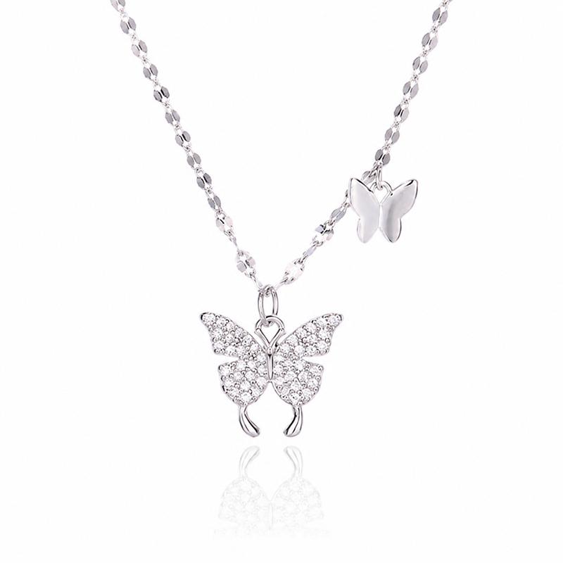Exquisite Micro Inlaid Zircon Double Butterfly Pendant Necklace for Women Silver Color Dainty Clavicle Chain Fashion Pendant Jewelry Gift