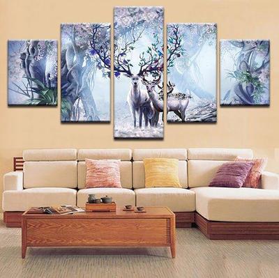 5 Pieces Wall Art Canvas Painting Animal Poster Deer Trees Abstract Modern Home Living Room Decoration Pictures