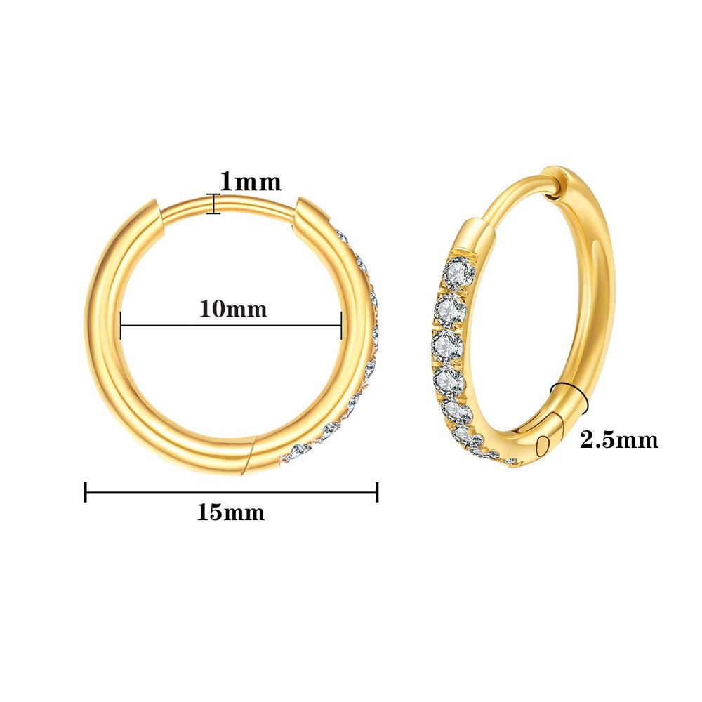 Korean Style Stone-Inlaid Titanium Steel Hoop Earrings - Fresh Design with Stainless Steel and Diamond Detailing, 2.5mm Line.