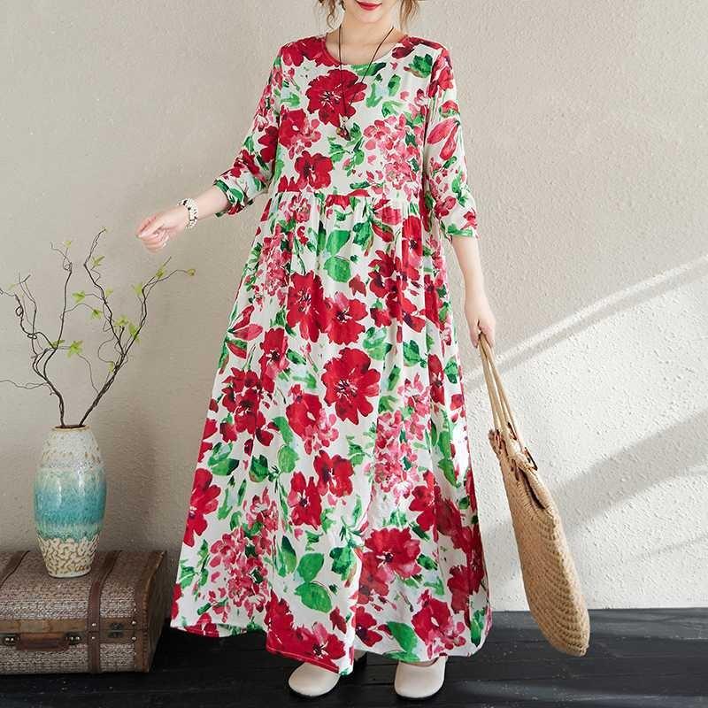 2025 New Floral Vacation Style Travel Round Neck Vintage Dresses