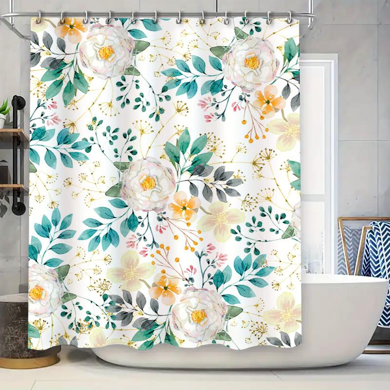 

White Floral Shower Curtain Modern Bath Decor With Green Leaves Washable Fabric For Bathroom Various Sizes Available W60H190(CM)-1 Pcs