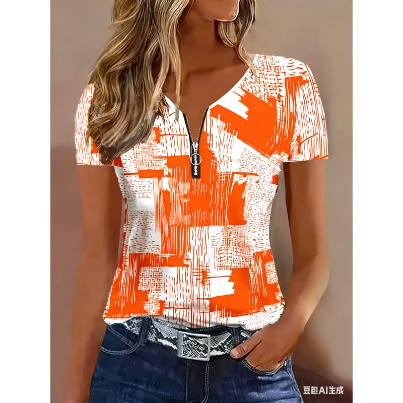 Women's T Shirt Zipper Quarter Zip Graphic Geometric Abstract Tropical Hawaiian Stylish