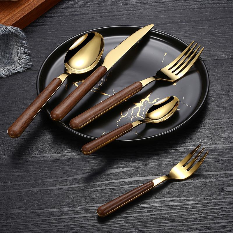 Stainless Steel Tableware with Imitation Wooden Handle Household Cutlery Dinnerware Knife Fork Spoon Teaspoon Kitchen Utensils