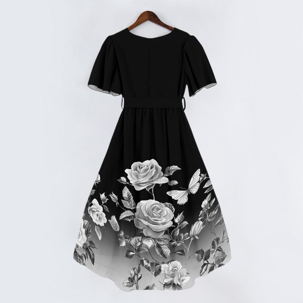 Women’s V Neck Short Sleeve Midi Dress with Floral and Butterfly Print Flowing Hem Casual Fit