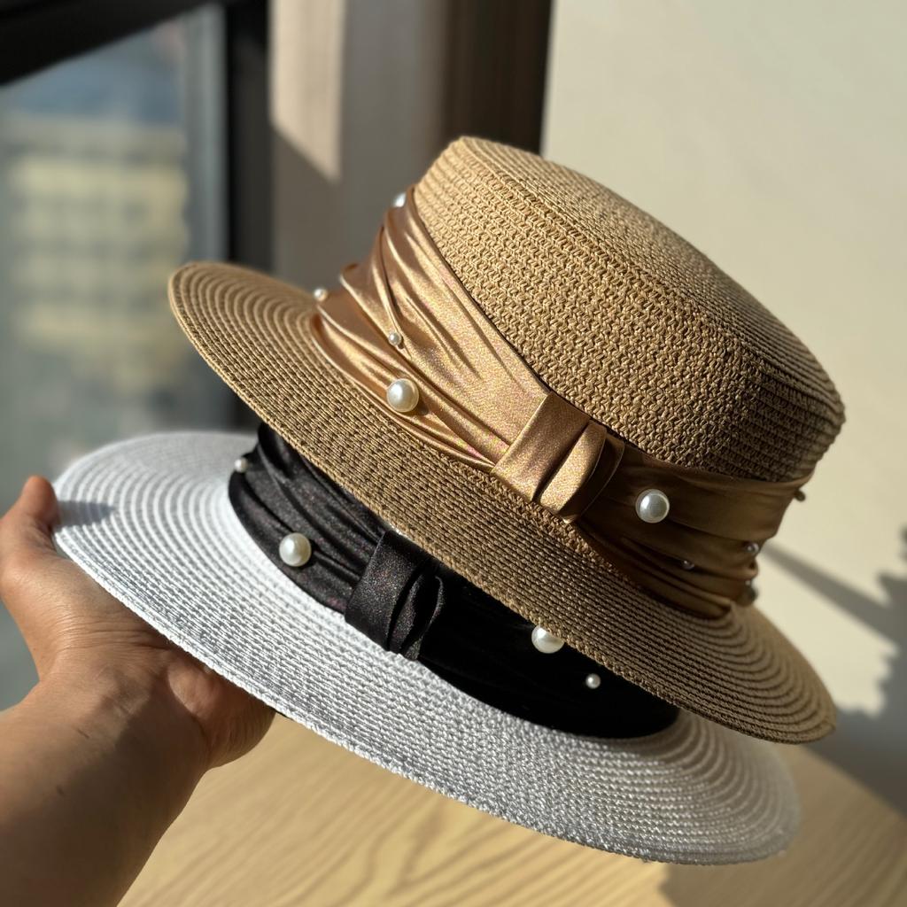 Retro French Pearl Flat Top Top Hat Women's Spring and Summer Travel Sunscreen Sunshade Straw Hat