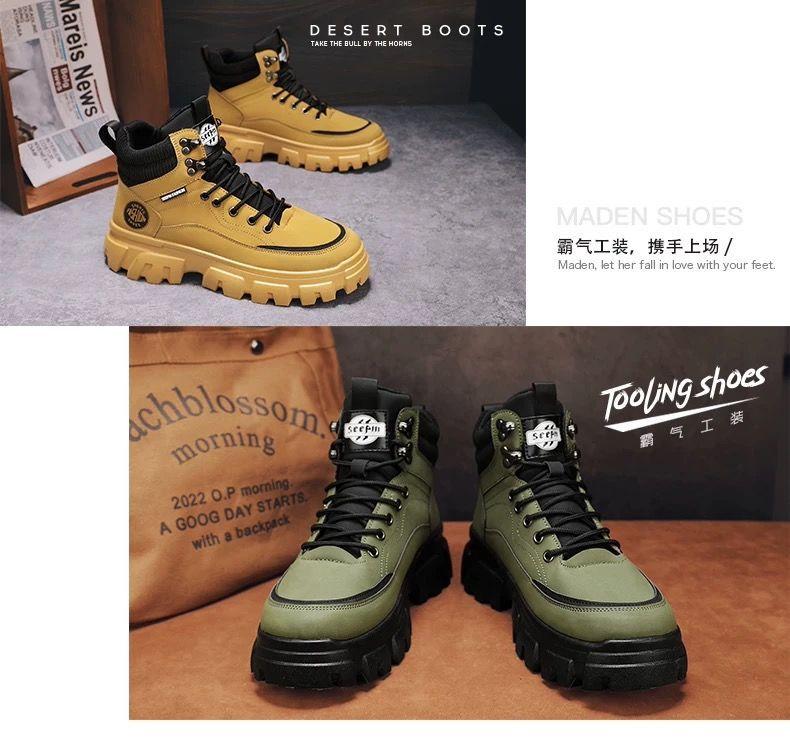 High-top men's shoes summer leather waterproof thick-soled inner height increase British style rhubarb Martin boots men's mountaineering short boots