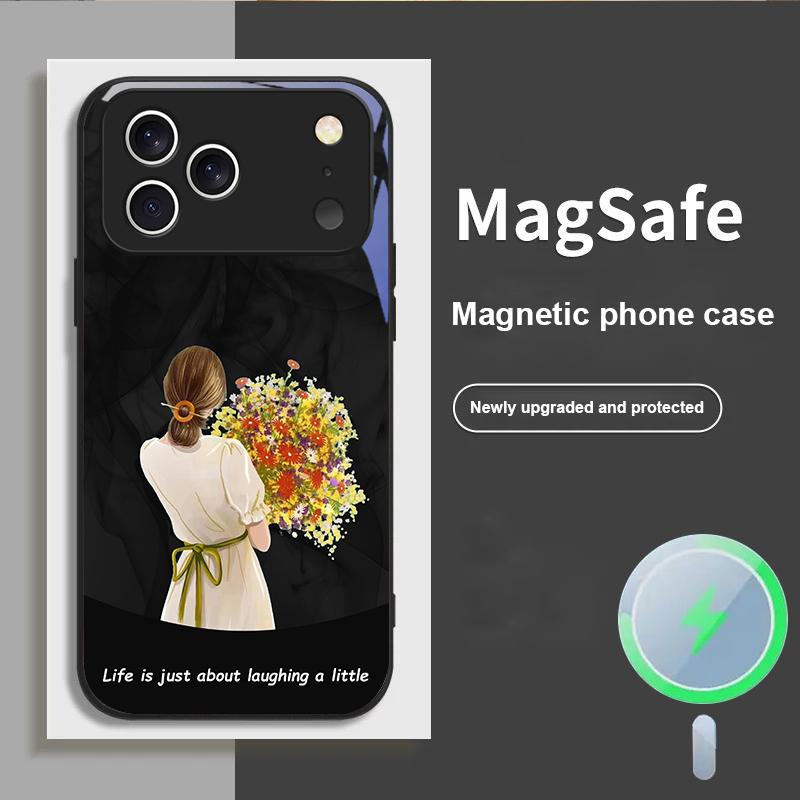 The Girl Holding Flowers For iPhone 17 Pro Max 16 E 15 14 13 Plus 12 Mini 11 17 Air XR Xs Max 7 Plus Magsafe Glass Phone Case