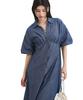 Bis Balloon Sleeve Denim Blue Main Women's Dress, BVE35030,