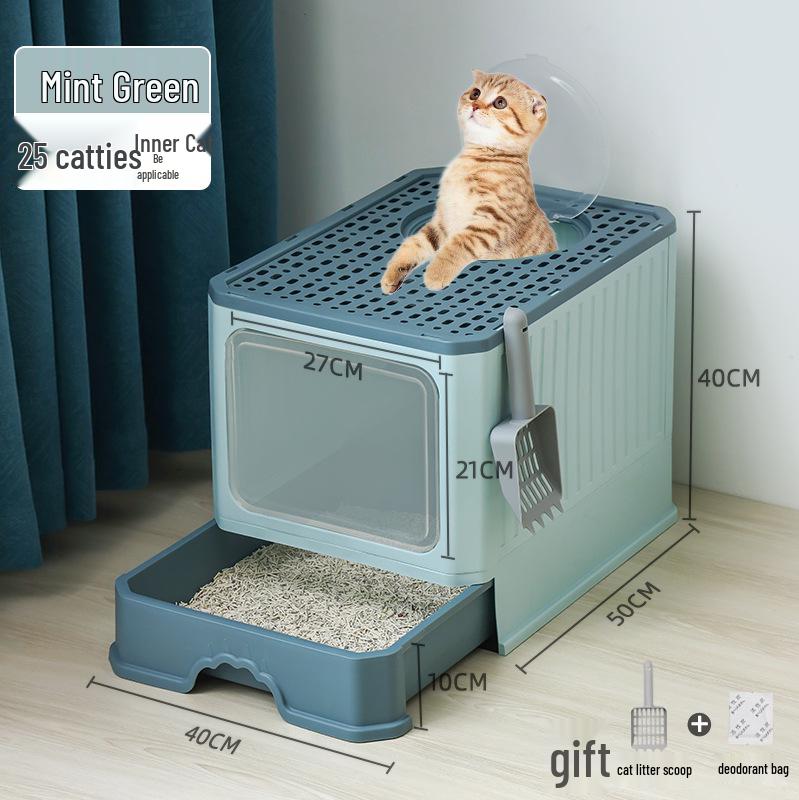 Enclosed Litter Box with Deodorizing, Anti-Splash Folding Drawer Design