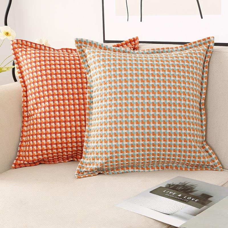 Plaid Linen Throw Pillow - Vintage Houndstooth Cushion Cover for Sofa, Bedroom, Office Chair & Bohemian Decor