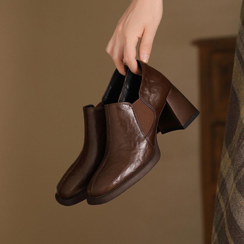 Fashion NEW Spring/Autumn Women Pumps Square Toe Chunky Heel Shoes Split Leather Shoes for Women Concise Slip-on Handmade Women Shoes