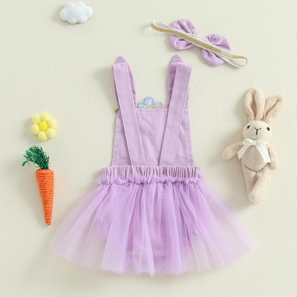 Baby Girl Summer Romper Rabbit Embroidery Square Neck Short Sleeveless Cute Fashion Bodysuit with Bow Headband