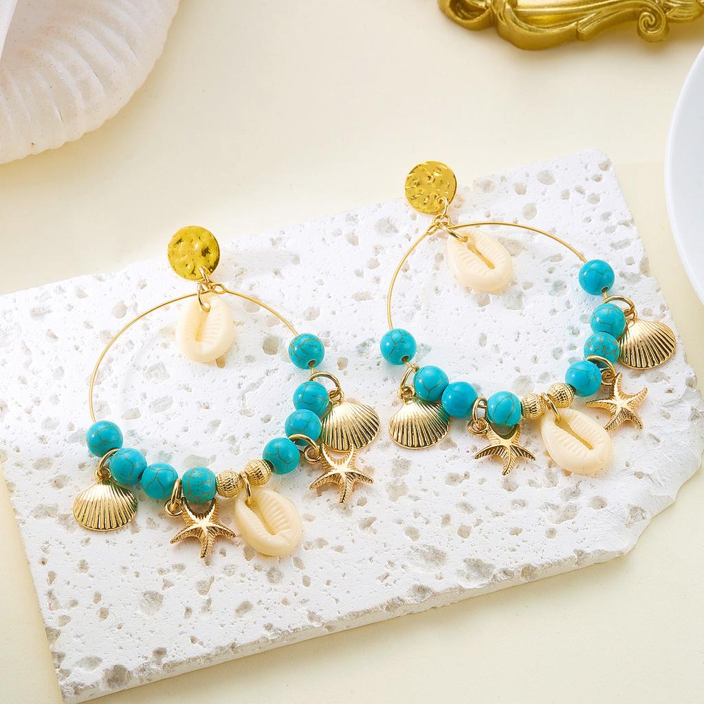 Aesthetic Turquoise Shell Dangle Earrings for Women Face-Framing Large Boho Hoops Photogenic Summer Vacation Jewelry Gift
