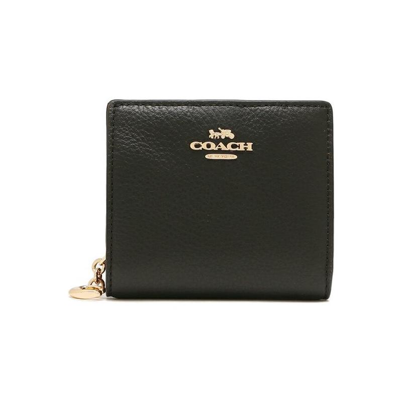 Coach Snap Wallet 11 Solid Color Gold Horse and Carriage Logo Pebbled Leather Card Holder Wallet Women's Black