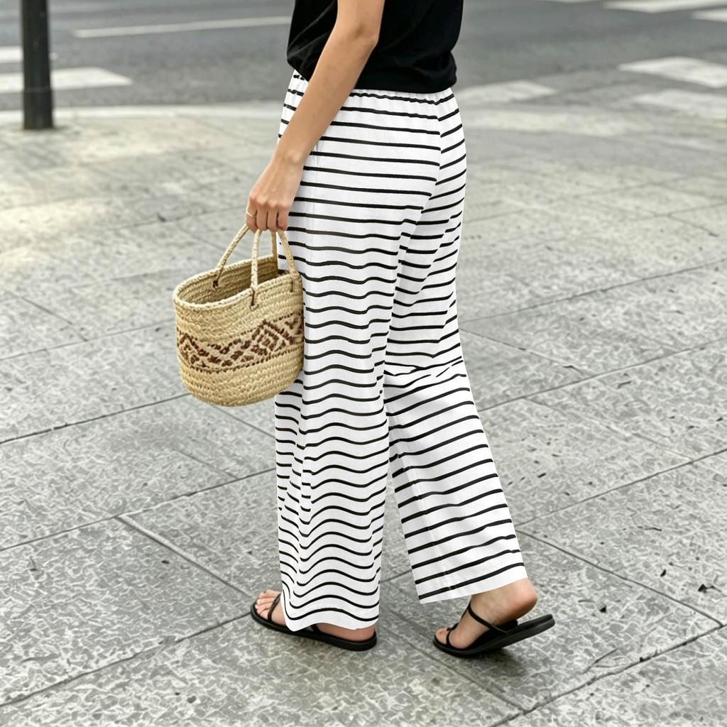 Women's Casual Striped Drawstring Wide Leg Pants - Elastic Waist, Soft & Comfortable Fit