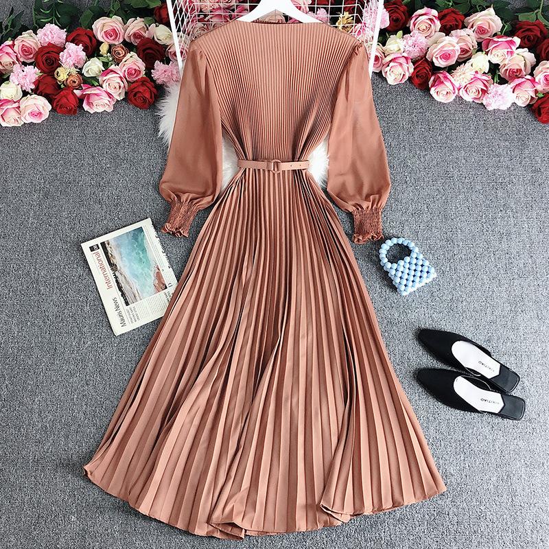 Spring Autumn Women Elegant Long Sleeve A-line Dress Office Lady High Waist Solid Pleated Dress