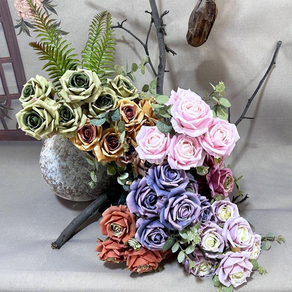 Silk Petal Artificial Flower Rose Multicolor Faux Eucalyptus Leaves  Gift
