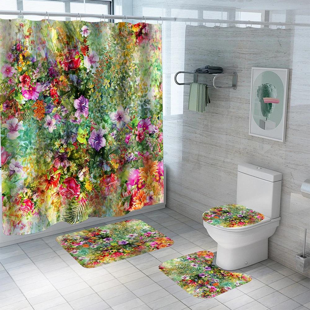 Oil Painting Flowers Waterproof Polyester Shower Curtain Set Anti-Slip Soft Bath Carpet Mat Lid Toilet Cover Bathroom Set Decor