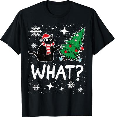 Funny Black Cat Design Pushing Christmas Tree Over Unisex T-Shirt