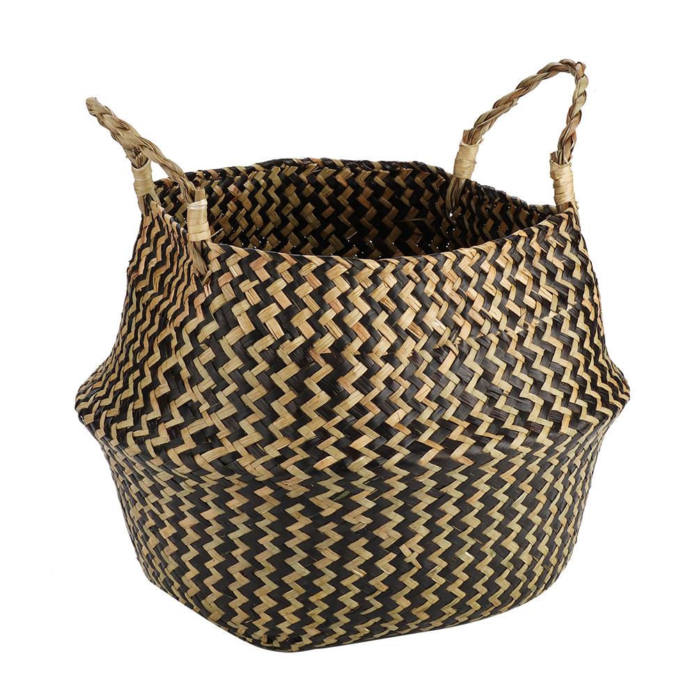 1Pc Foldable Natural Seagrass Woven Storage Basket Clothes Organizer Plant Flower Pot(Black)